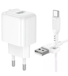 Білий зарядний пристрій USB Borofone BAS42A QD 18W (1USB) з кабелем Type-C